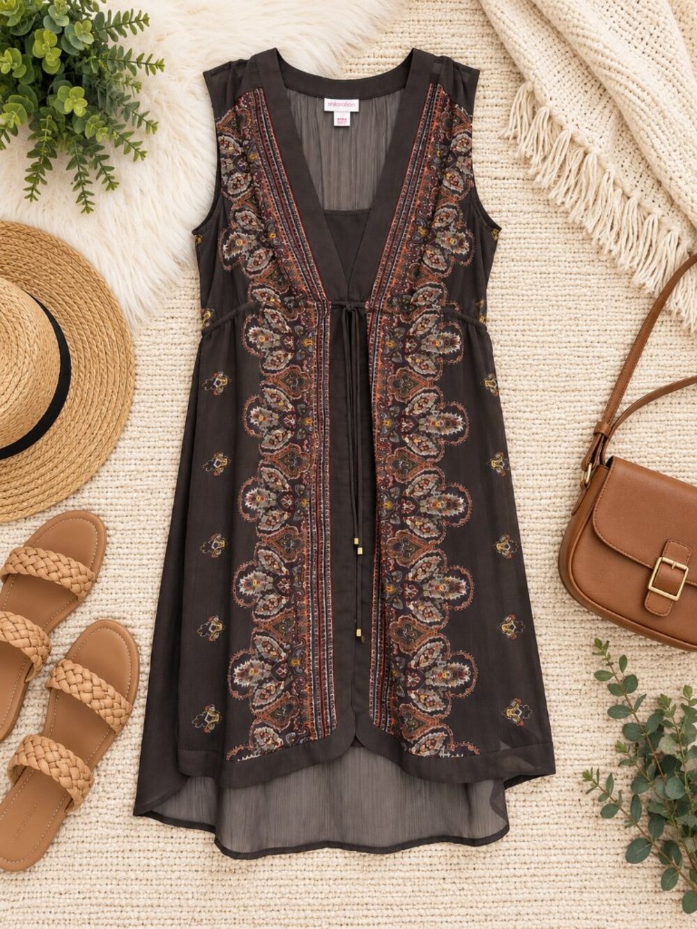 Xhilaration Medium Brown Paisley Boho Sleeveless High Low Dress